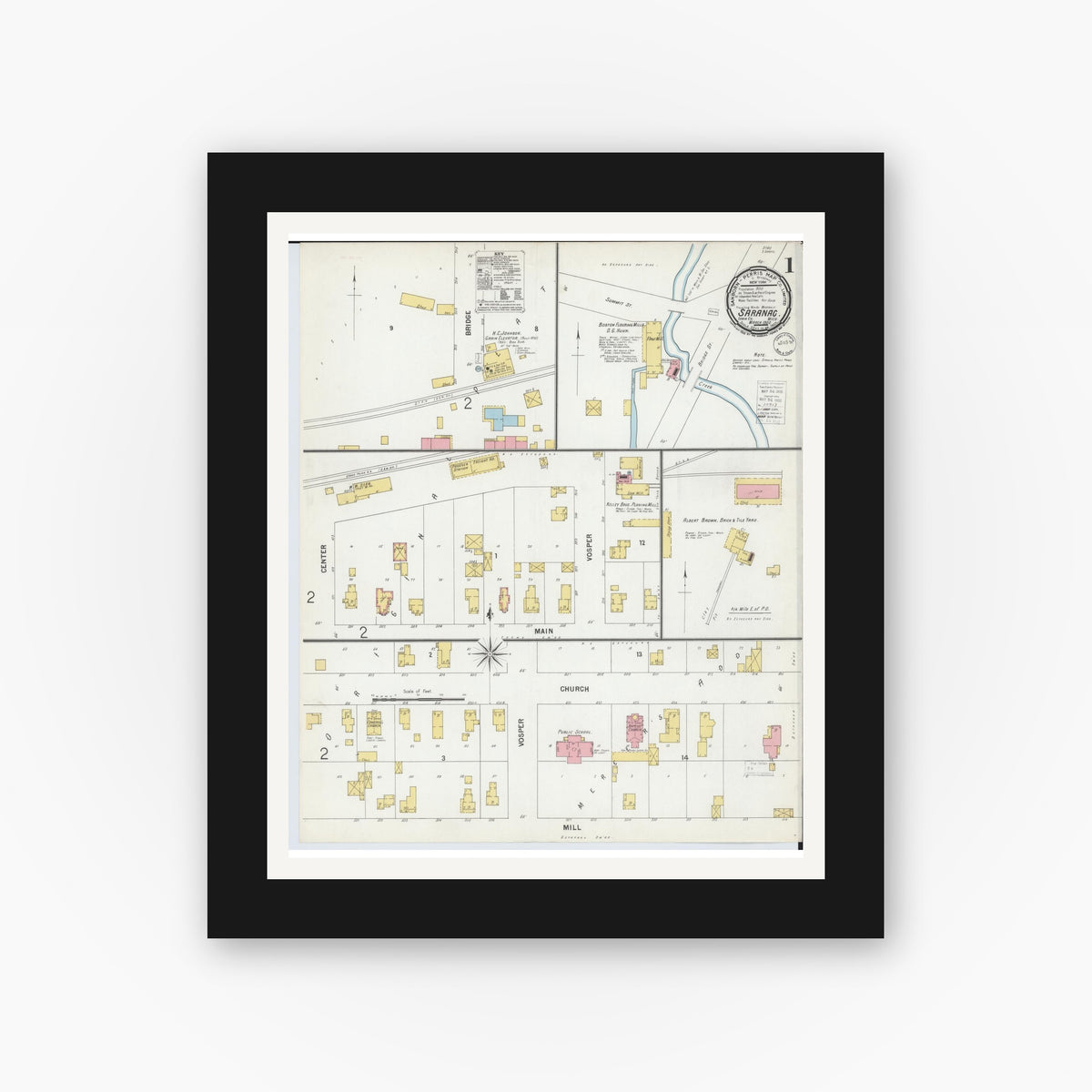Old map wall art mockup — black gallery frame with white mat — Sanborn Fire Insurance Map from Saranac, Ionia County, Michigan (1900), Sheet #0001