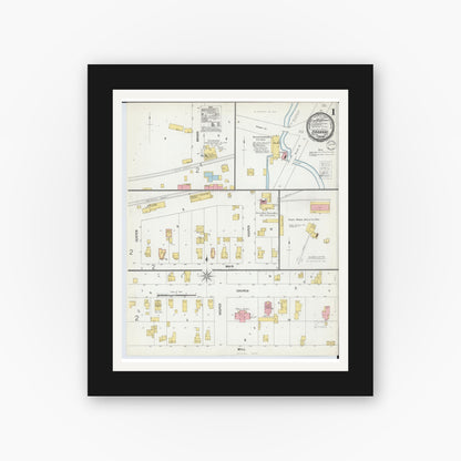 Old map wall art mockup — black gallery frame with white mat — Sanborn Fire Insurance Map from Saranac, Ionia County, Michigan (1900), Sheet #0001