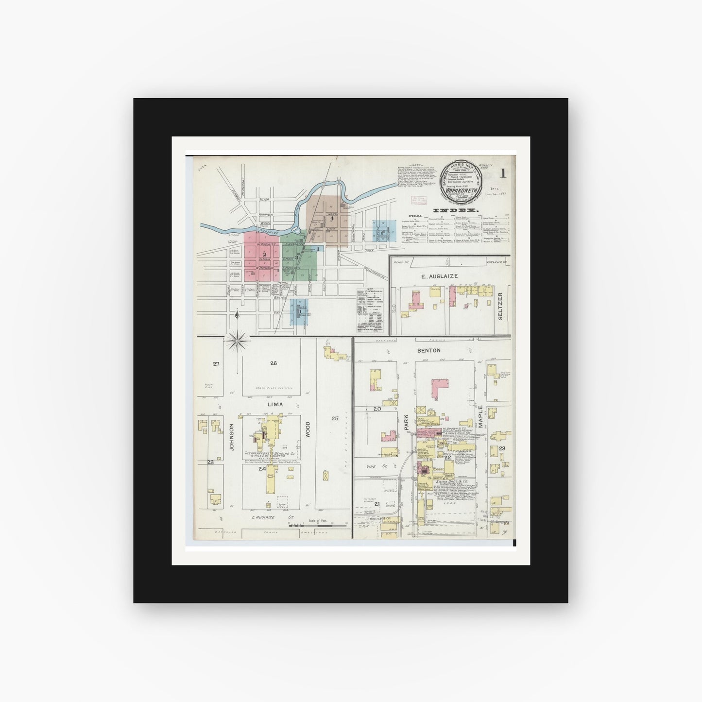 Old map wall art mockup — black gallery frame with white mat — Sanborn Fire Insurance Map from Wapakoneta, Auglaize County, Ohio (1892) - Complete Map Set