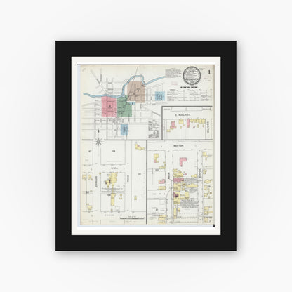 Old map wall art mockup — black gallery frame with white mat — Sanborn Fire Insurance Map from Wapakoneta, Auglaize County, Ohio (1892) - Complete Map Set