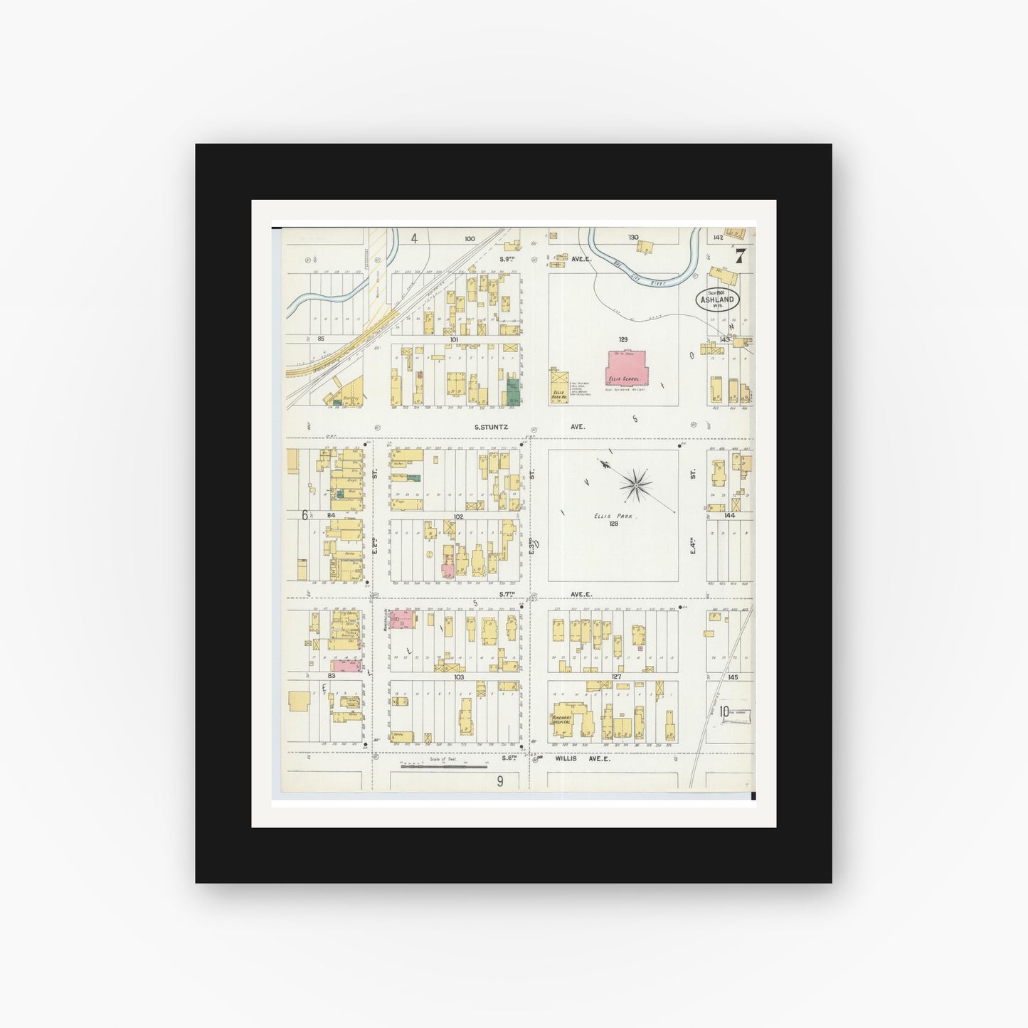 Old map wall art mockup — black gallery frame with white mat — Sanborn Fire Insurance Map from Ashland, Ashland County, Wisconsin (1901), Sheet #0007