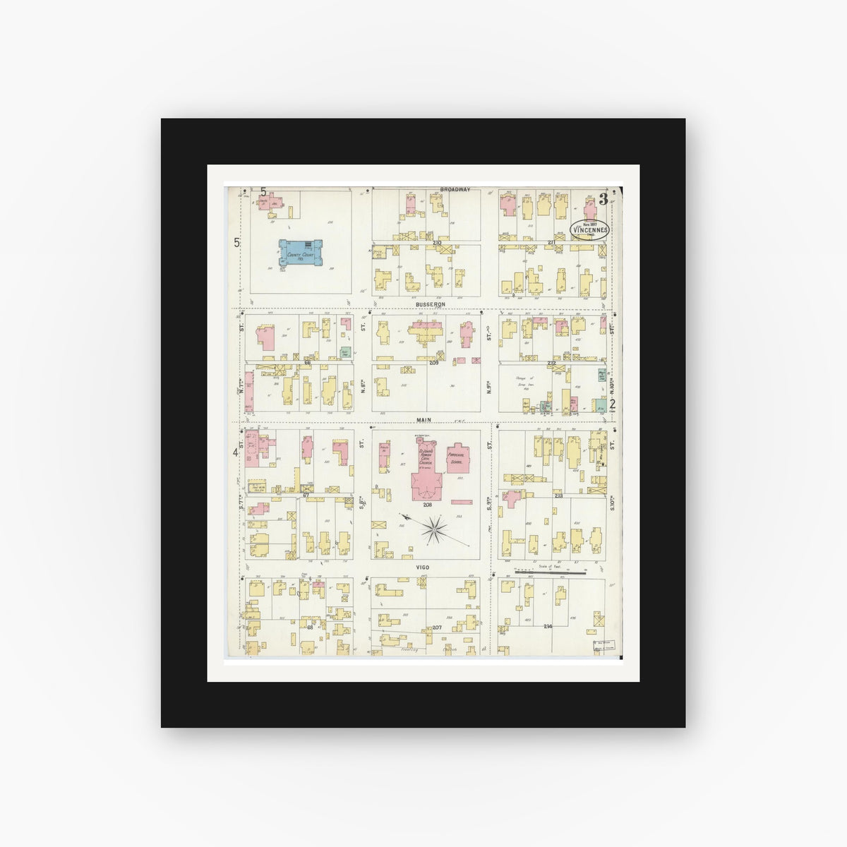 Old map wall art mockup — black gallery frame with white mat — Sanborn Fire Insurance Map from Vincennes, Knox County, Indiana (1897), Sheet #0003