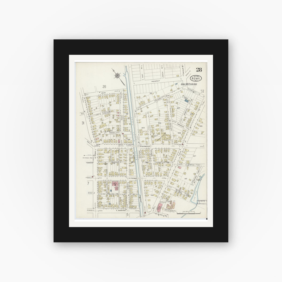 Old map wall art mockup — black gallery frame with white mat — Sanborn Fire Insurance Map from Rome, Oneida County, New York (1914), Sheet #0028