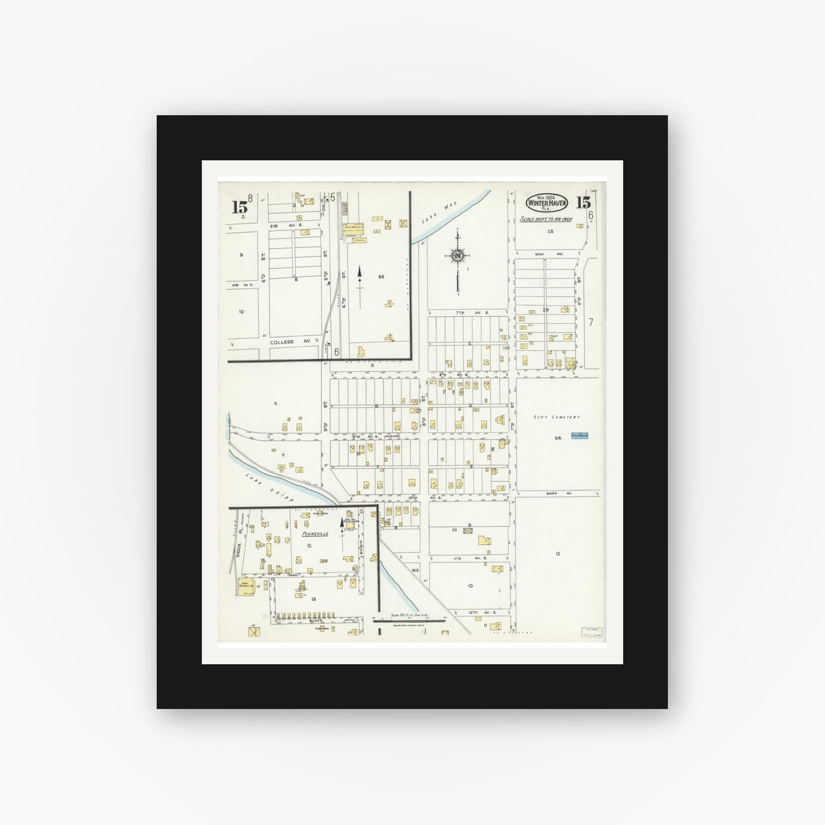 Old map wall art mockup — black gallery frame with white mat — Sanborn Fire Insurance Map from Winter Haven, Polk County, Florida (1924), Sheet #0015