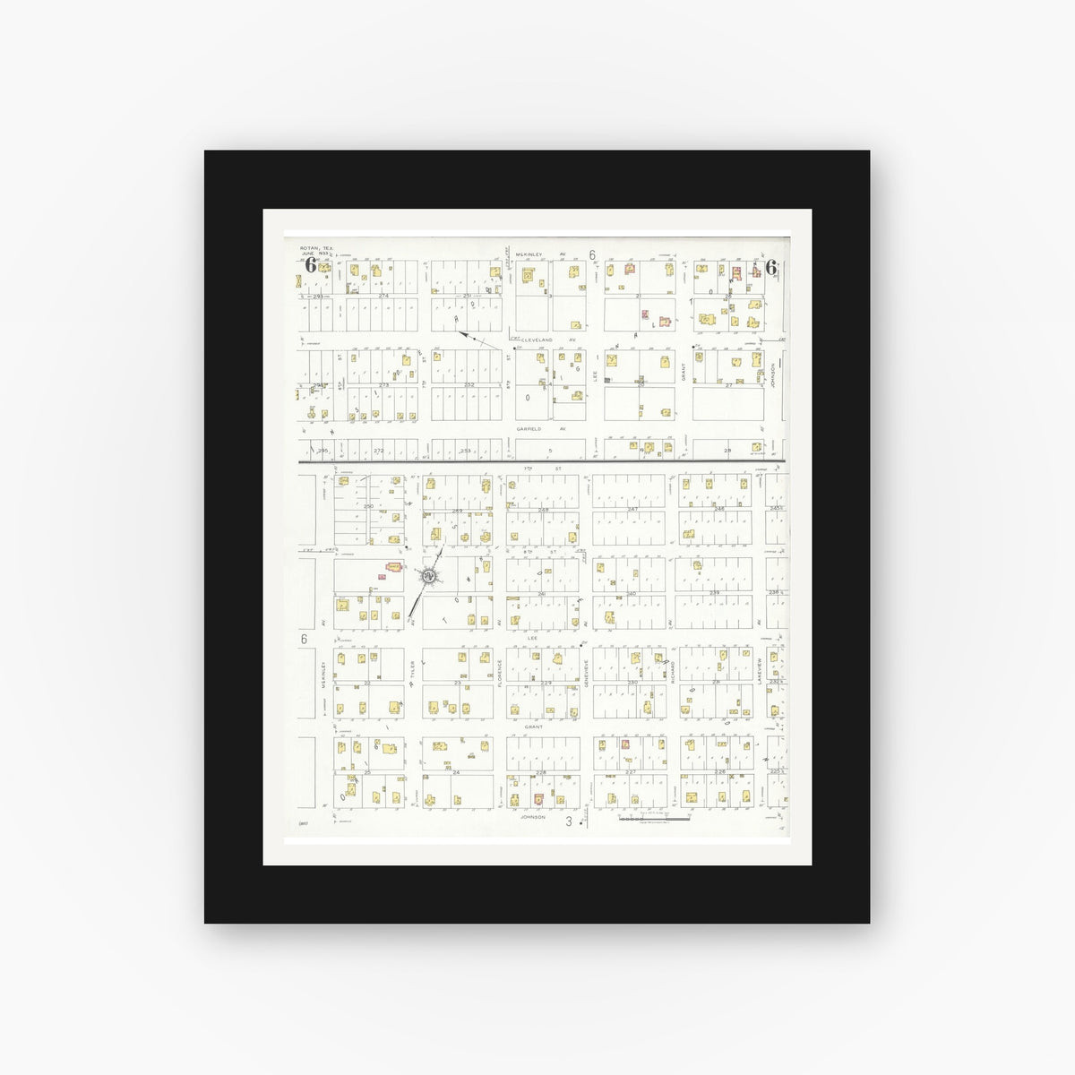 Old map wall art mockup — black gallery frame with white mat — Sanborn Fire Insurance Map from Rotan, Fisher County, Texas (1933), Sheet #0006