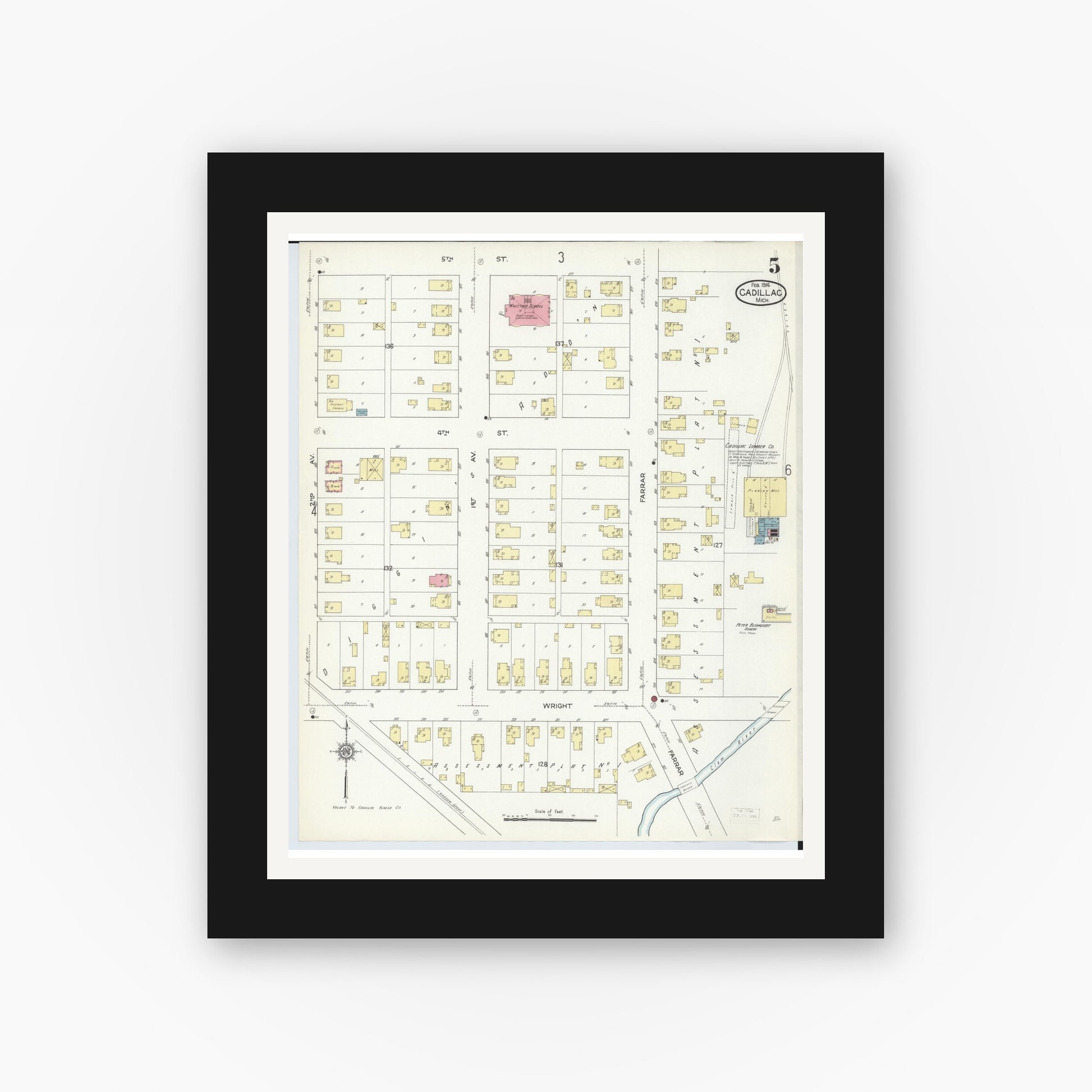 Old map wall art mockup — black gallery frame with white mat — Sanborn Fire Insurance Map from Cadillac, Wexford County, Michigan (1914), Sheet #0005