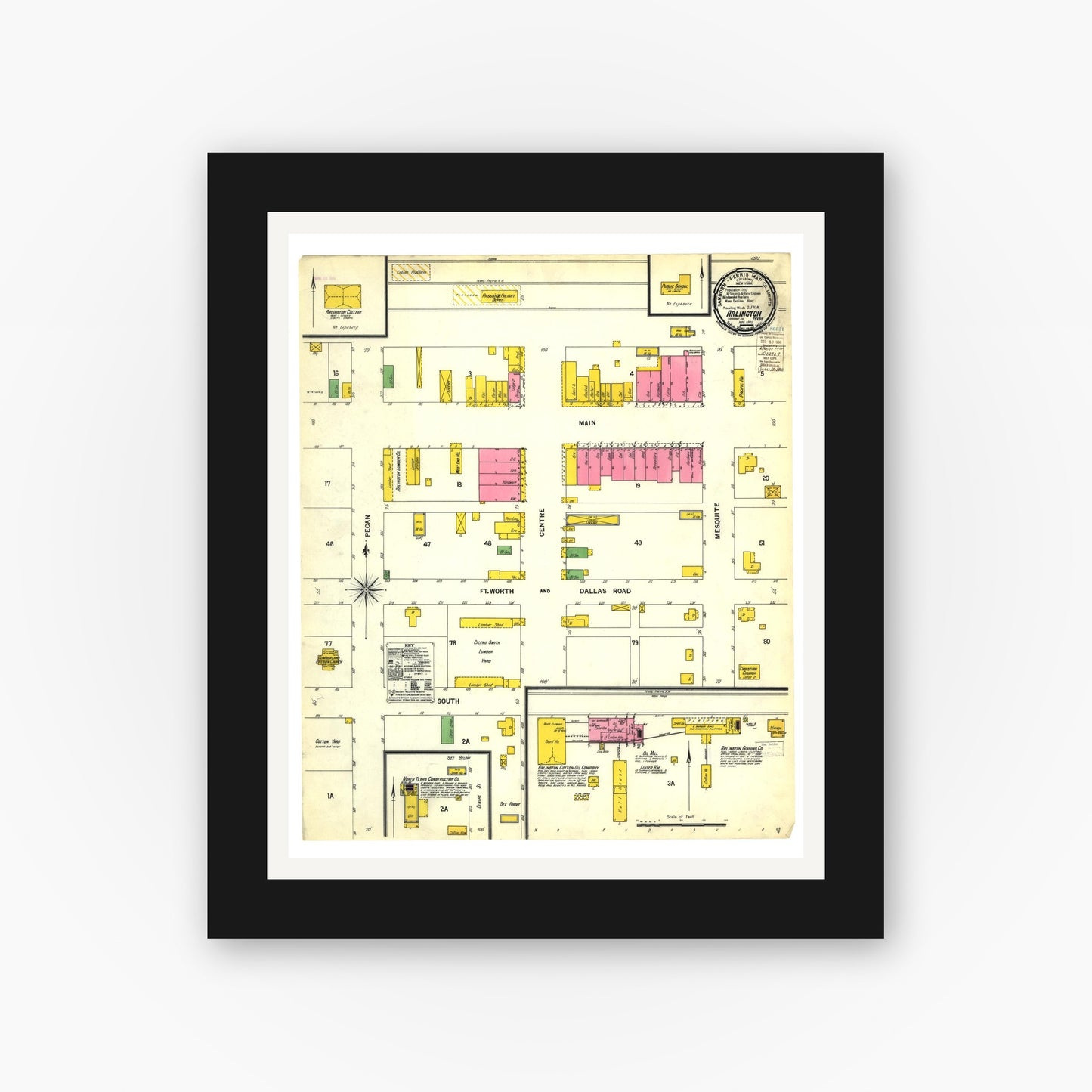 Old map wall art mockup — black gallery frame with white mat — Sanborn Fire Insurance Map from Arlington, Tarrant County, Texas (1900), Sheet #0001