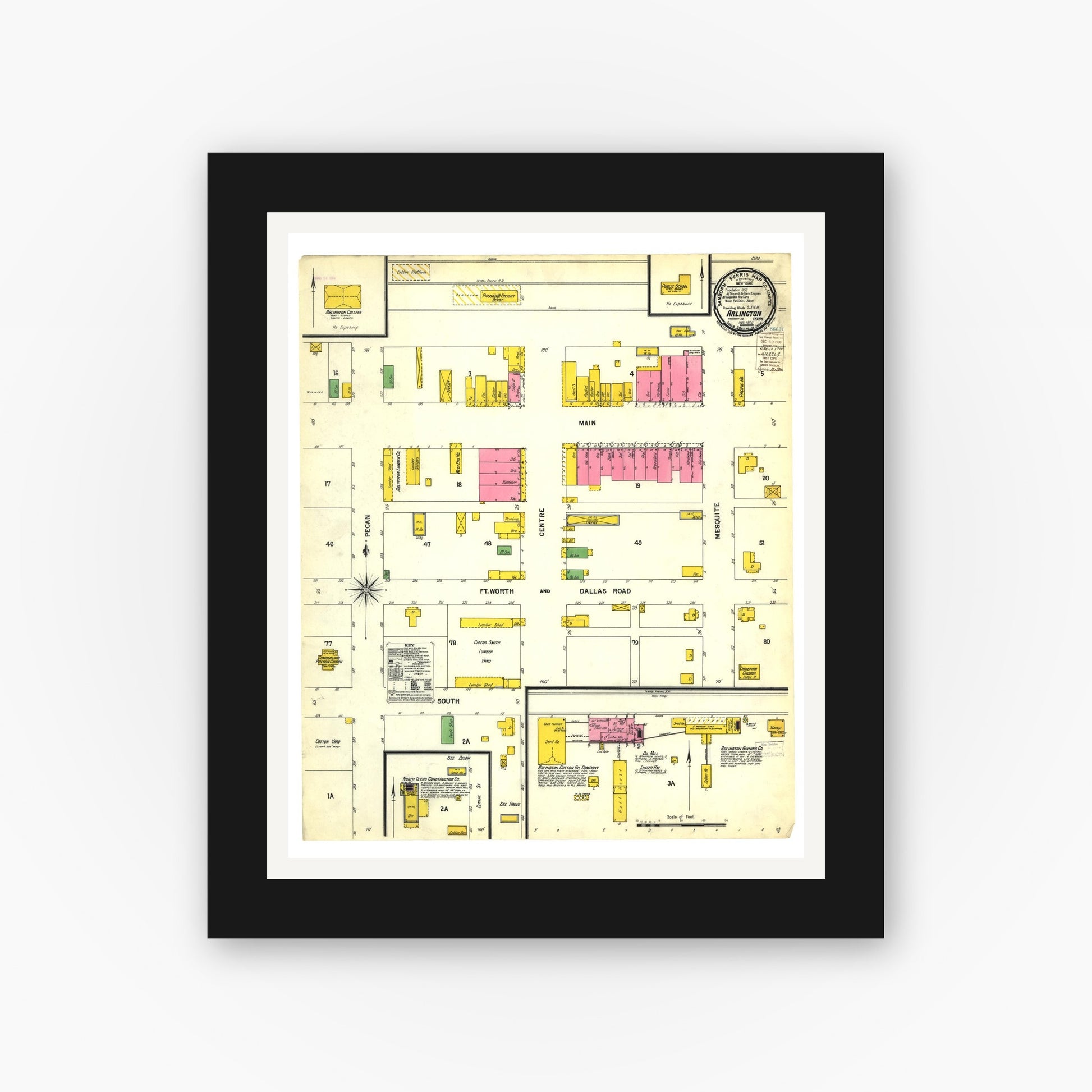 Old map wall art mockup — black gallery frame with white mat — Sanborn Fire Insurance Map from Arlington, Tarrant County, Texas (1900), Sheet #0001