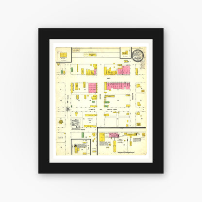 Old map wall art mockup — black gallery frame with white mat — Sanborn Fire Insurance Map from Arlington, Tarrant County, Texas (1900), Sheet #0001