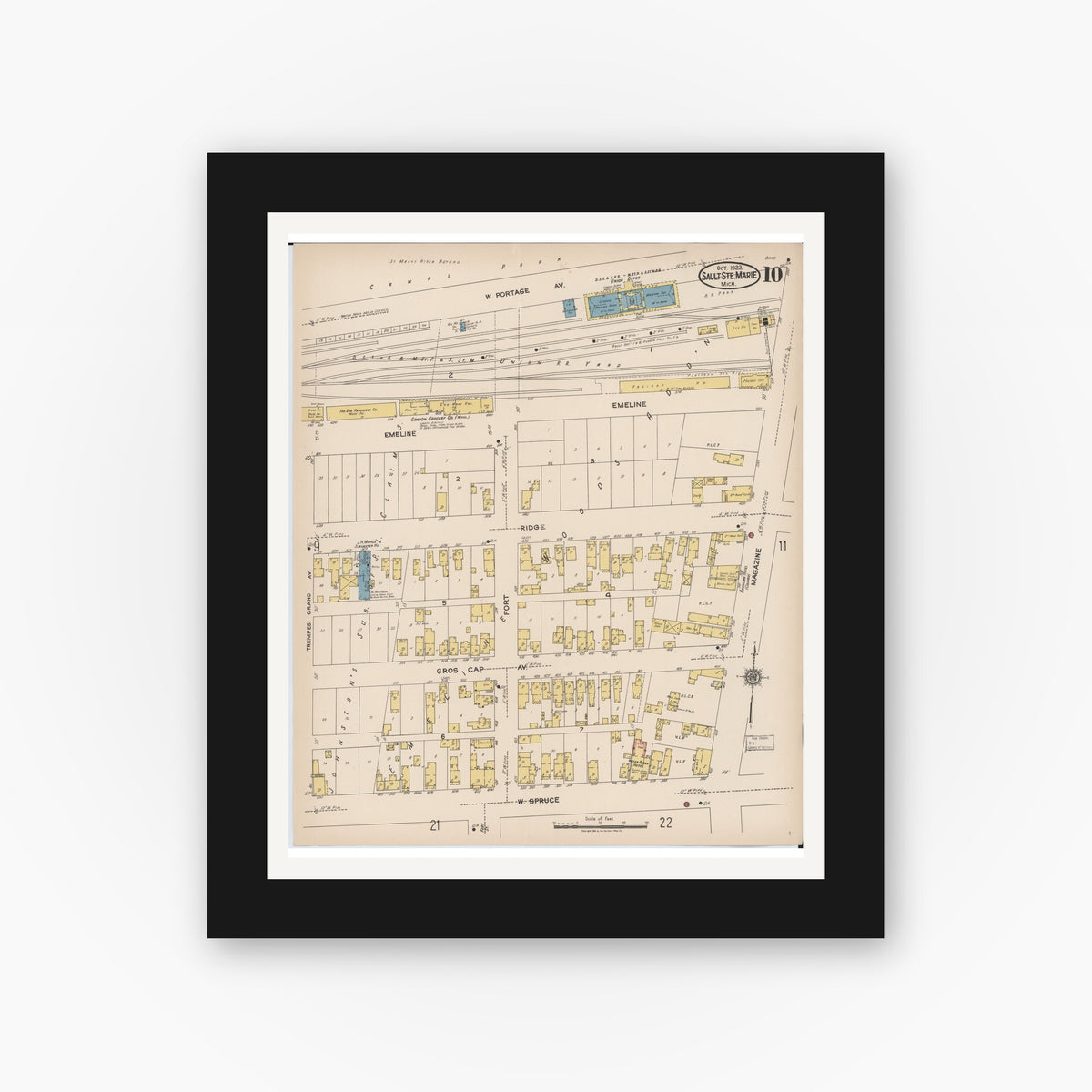 Old map wall art mockup — black gallery frame with white mat — Sanborn Fire Insurance Map from Sault Sainte Marie, Chippewa County, Michigan (1922), Sheet #0010