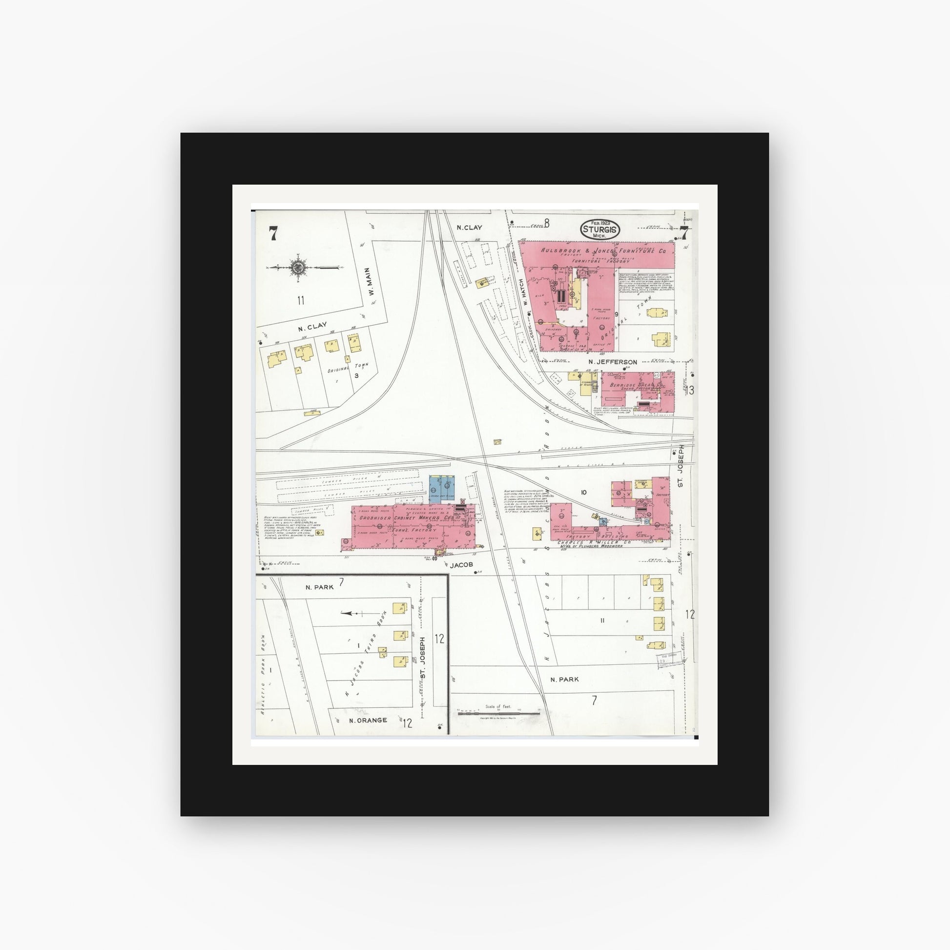 Old map wall art mockup — black gallery frame with white mat — Sanborn Fire Insurance Map from Sturgis, Saint Joseph County, Michigan (1923), Sheet #0007