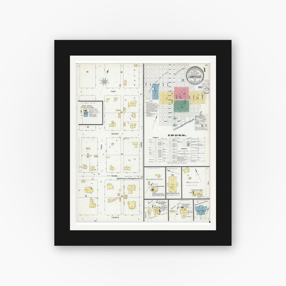 Old map wall art mockup — black gallery frame with white mat — Sanborn Fire Insurance Map from Lampasas, Lampasas County, Texas (1902) - Complete Map Set