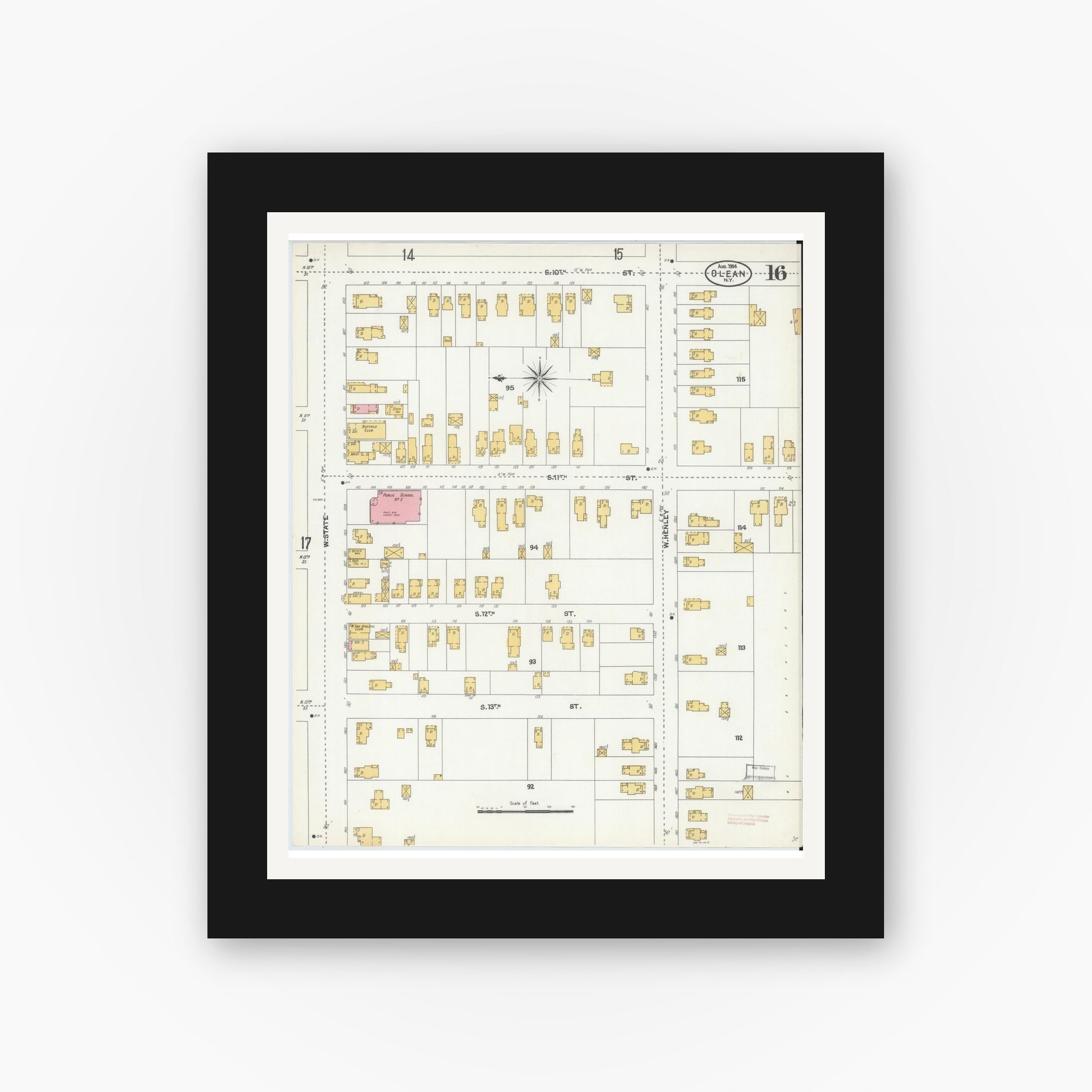 Old map wall art mockup — black gallery frame with white mat — Sanborn Fire Insurance Map from Olean, Cattaraugus County, New York (1904), Sheet #0016