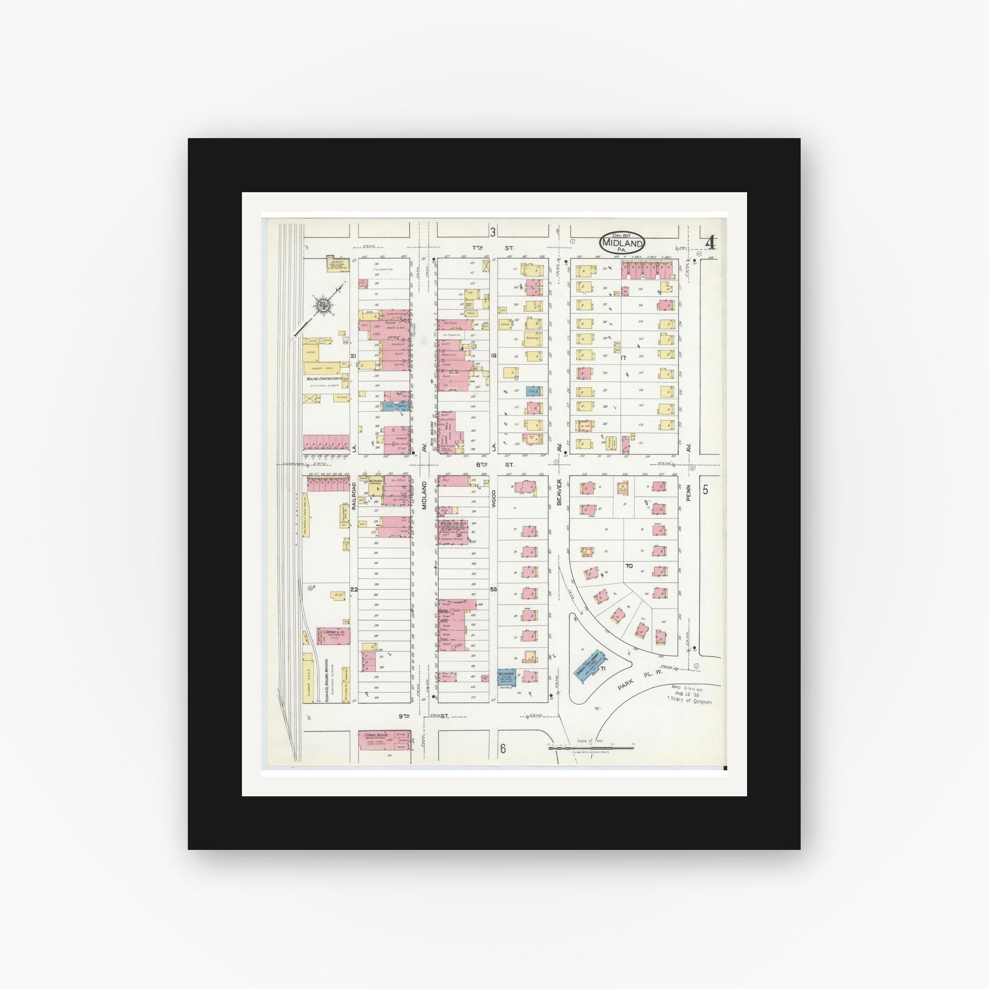 Old map wall art mockup — black gallery frame with white mat — Sanborn Fire Insurance Map from Midland, Beaver County, Pennsylvania (1917), Sheet #0004