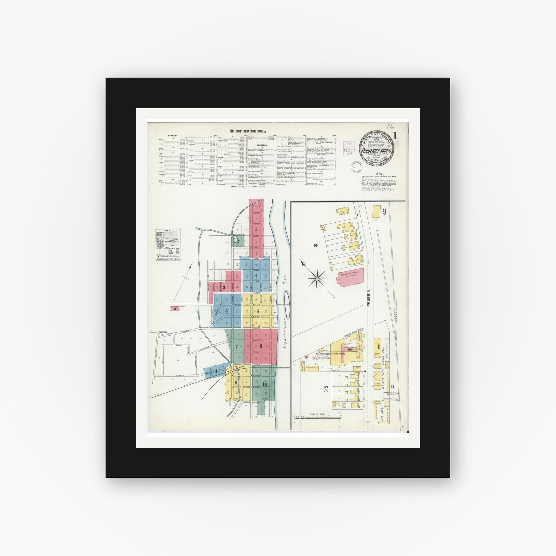 Old map wall art mockup — black gallery frame with white mat — Sanborn Fire Insurance Map from Fredericksburg, Independent Cities, Virginia (1902) - Complete Map Set