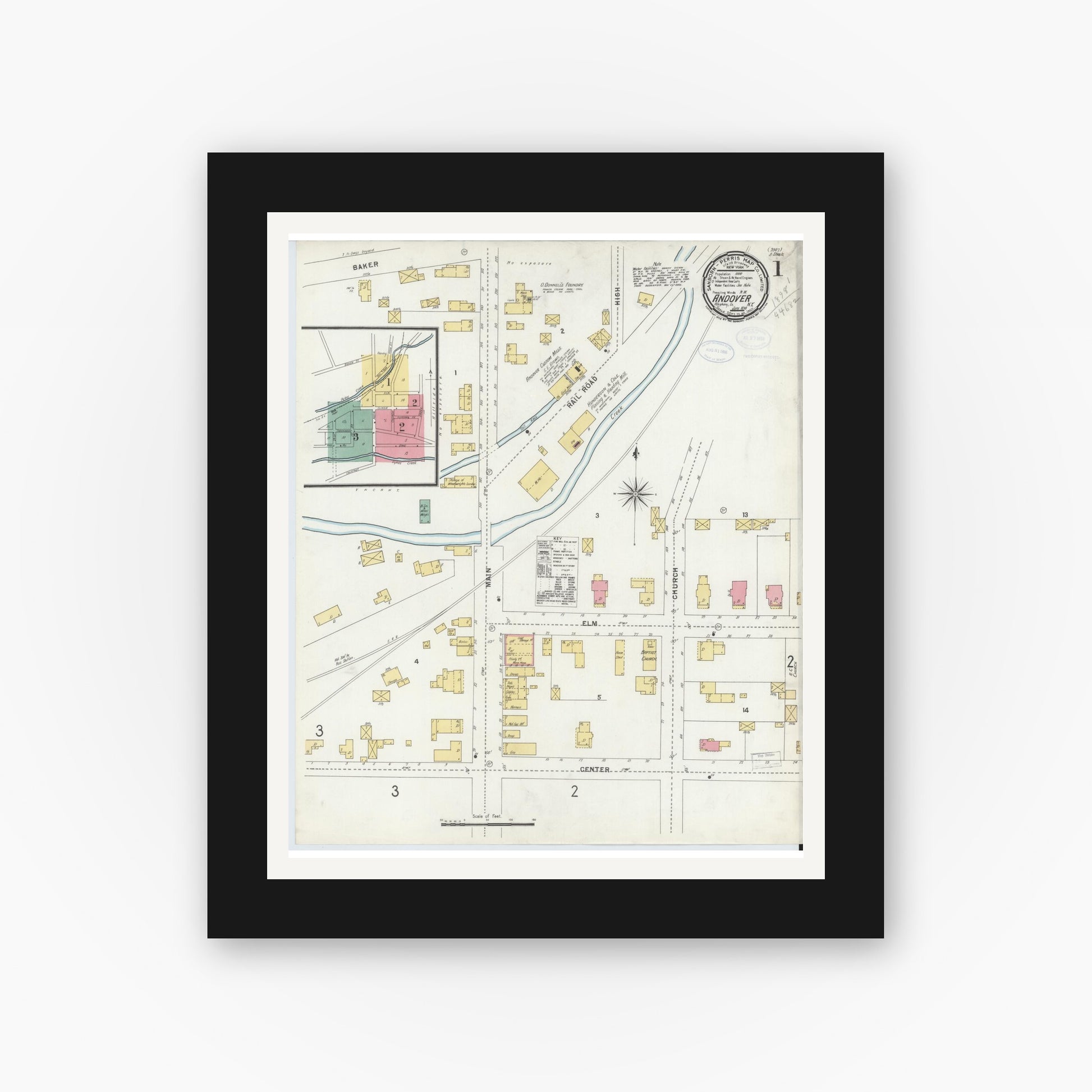 Old map wall art mockup — black gallery frame with white mat — Sanborn Fire Insurance Map from Andover, Allegany County, New York (1898), Sheet #0001