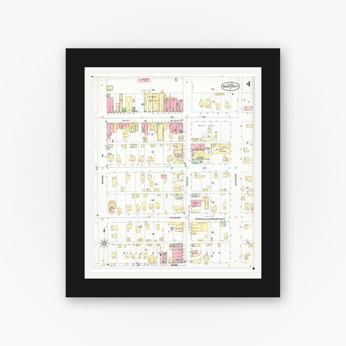 Old map wall art mockup — black gallery frame with white mat — Sanborn Fire Insurance Map from Webster City, Hamilton County, Iowa (1900), Sheet #0004