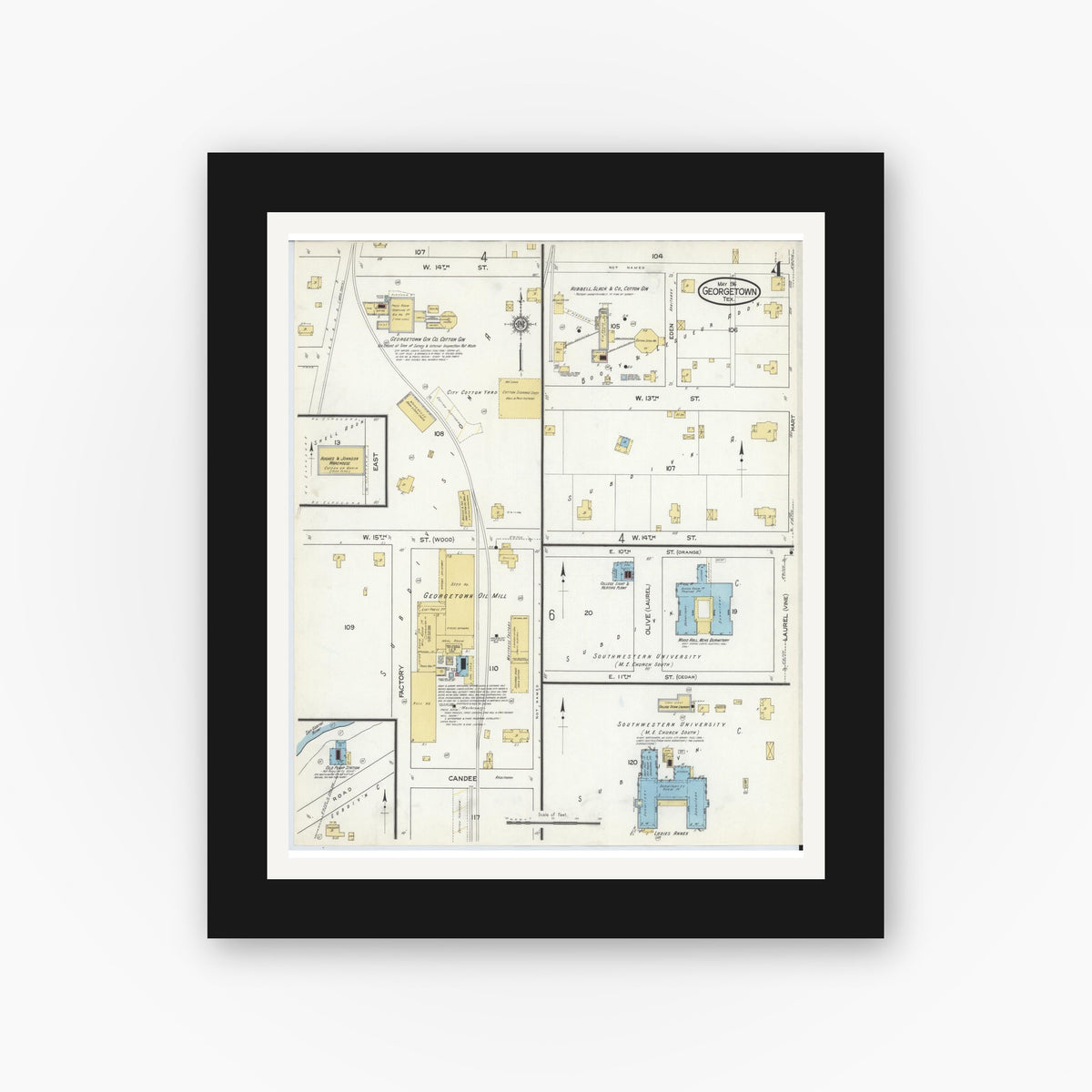 Old map wall art mockup — black gallery frame with white mat — Sanborn Fire Insurance Map from Georgetown, Williamson County, Texas (1916), Sheet #0004