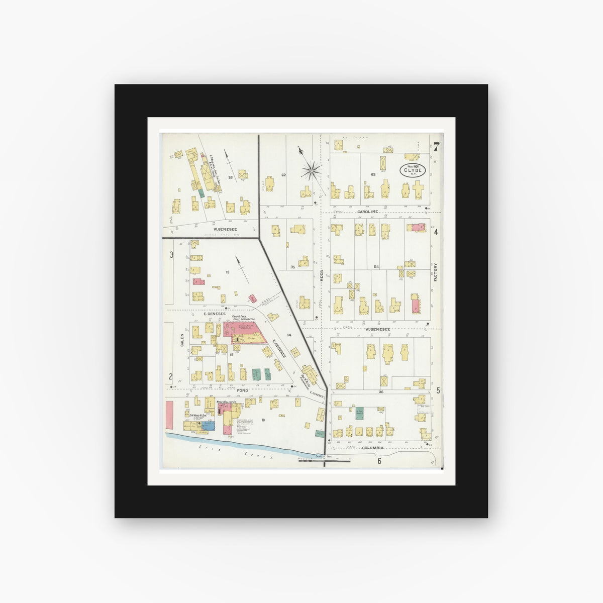 Old map wall art mockup — black gallery frame with white mat — Sanborn Fire Insurance Map from Clyde, Wayne County, New York (1906), Sheet #0007