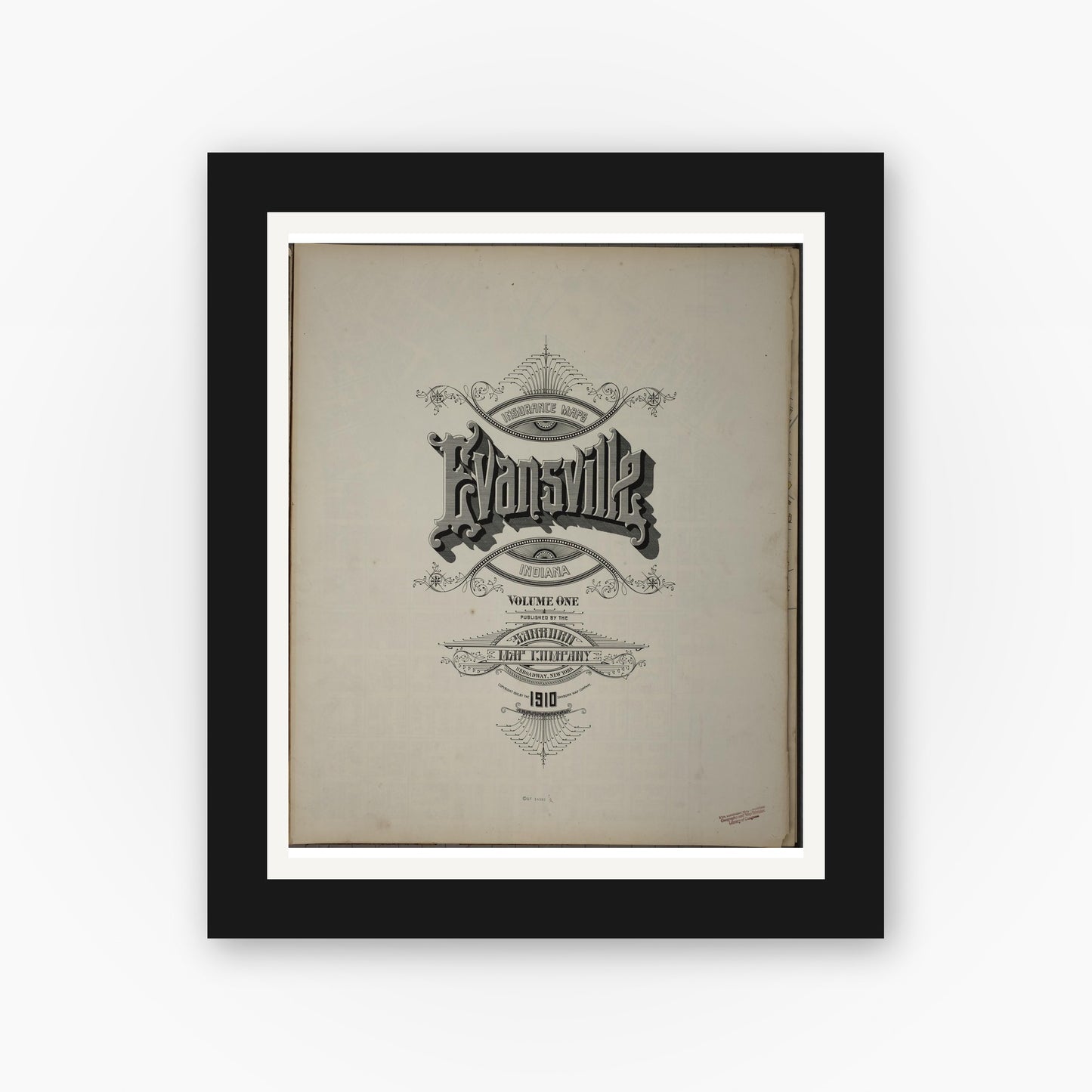 Old map wall art mockup — black gallery frame with white mat — Sanborn Fire Insurance Map from Evansville, Vanderburgh County, Indiana (1910), Sheet #0001