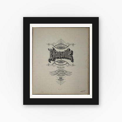 Old map wall art mockup — black gallery frame with white mat — Sanborn Fire Insurance Map from Evansville, Vanderburgh County, Indiana (1910), Sheet #0001