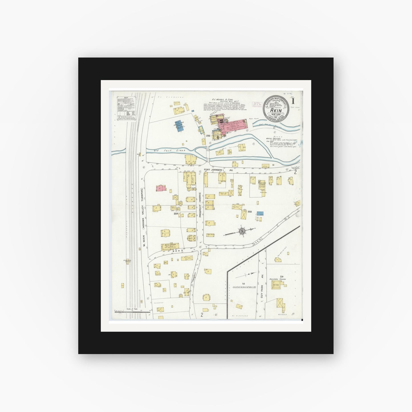 Old map wall art mockup — black gallery frame with white mat — Sanborn Fire Insurance Map from Akin, Montgomery County, New York (1911), Sheet #0001