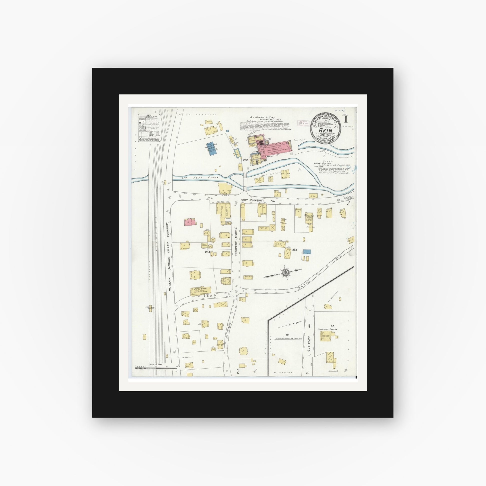 Old map wall art mockup — black gallery frame with white mat — Sanborn Fire Insurance Map from Akin, Montgomery County, New York (1911), Sheet #0001