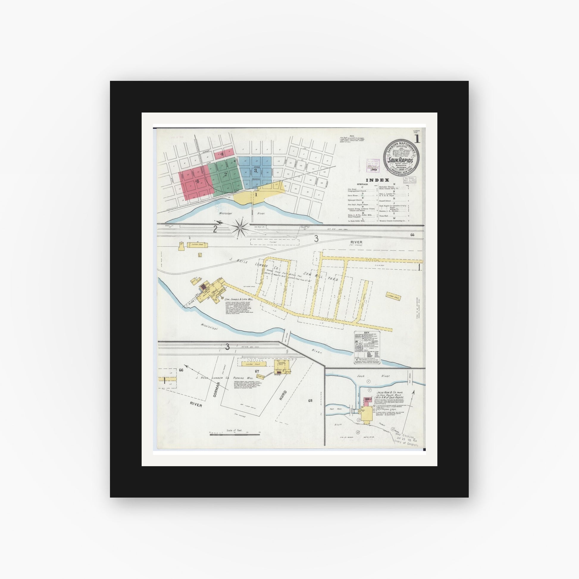Old map wall art mockup — black gallery frame with white mat — Sanborn Fire Insurance Map from Sauk Rapids, Benton County, Minnesota (1904) - Complete Map Set