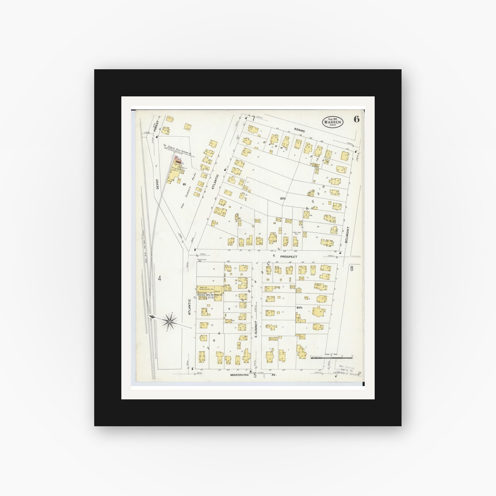 Old map wall art mockup — black gallery frame with white mat — Sanborn Fire Insurance Map from Warren, Trumbull County, Ohio (1908), Sheet #0006