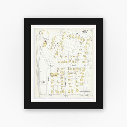 Old map wall art mockup — black gallery frame with white mat — Sanborn Fire Insurance Map from Warren, Trumbull County, Ohio (1908), Sheet #0006