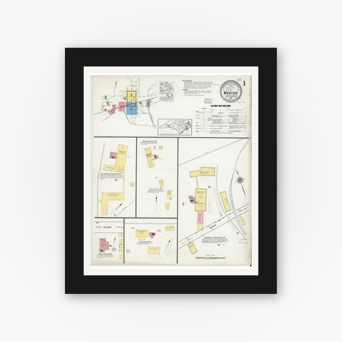 Old map wall art mockup — black gallery frame with white mat — Sanborn Fire Insurance Map from Marion, Mcdowell County, North Carolina (1918) - Complete Map Set