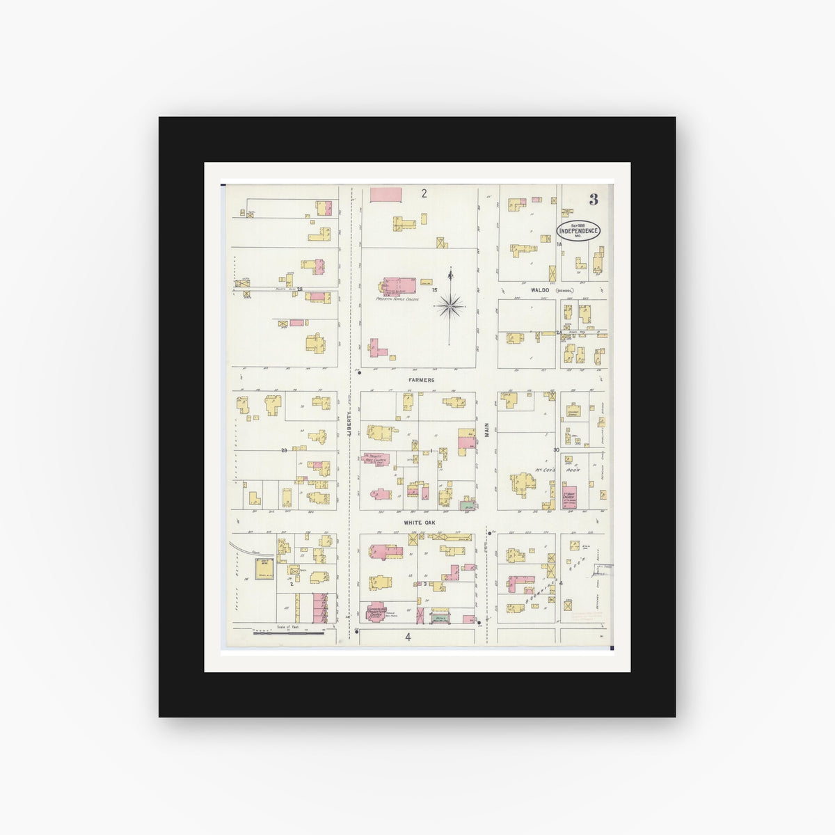 Old map wall art mockup — black gallery frame with white mat — Sanborn Fire Insurance Map from Independence, Jackson County, Missouri (1898), Sheet #0003