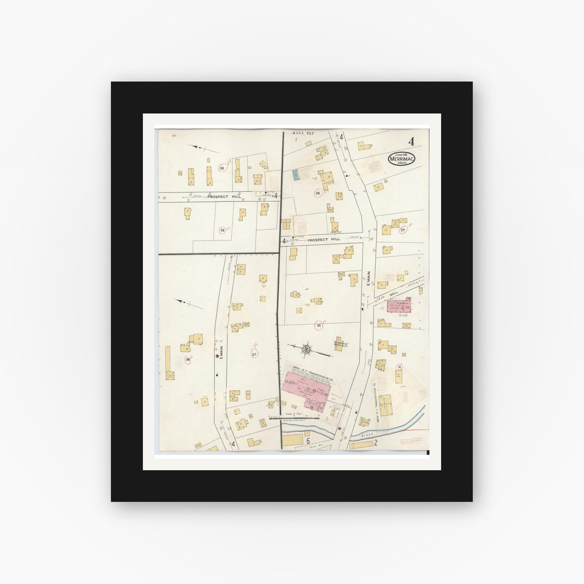 Old map wall art mockup — black gallery frame with white mat — Sanborn Fire Insurance Map from Merrimac, Essex County, Massachusetts (1934), Sheet #0004