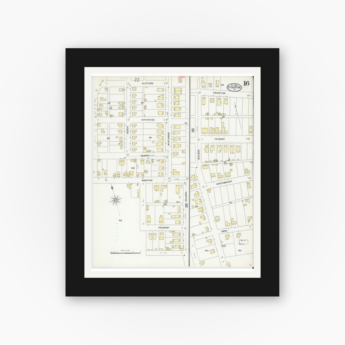 Old map wall art mockup — black gallery frame with white mat — Sanborn Fire Insurance Map from Staunton, Independent Cities, Virginia (1904), Sheet #0016