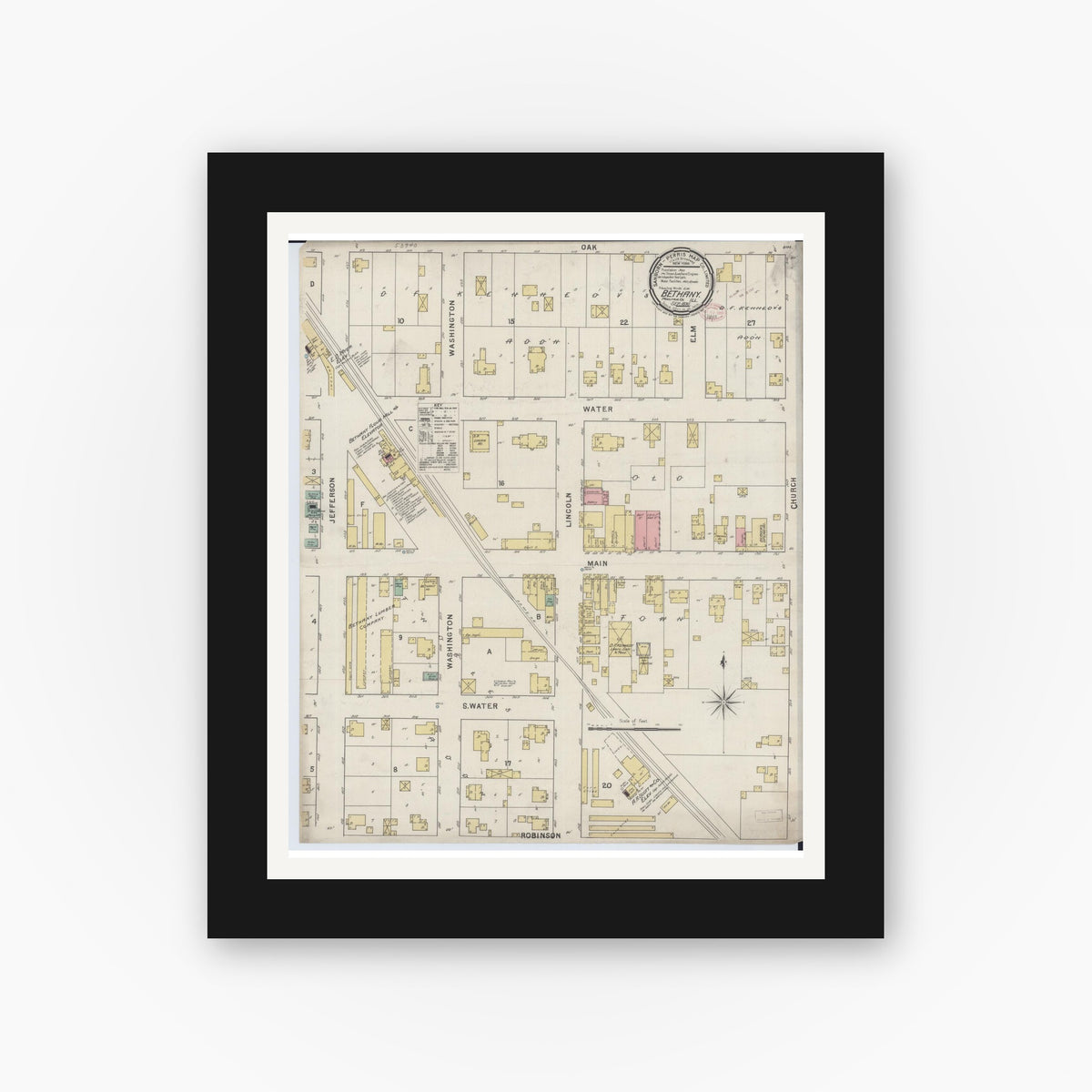 Old map wall art mockup — black gallery frame with white mat — Sanborn Fire Insurance Map from Bethany, Moultrie County, Illinois (1895), Sheet #0001