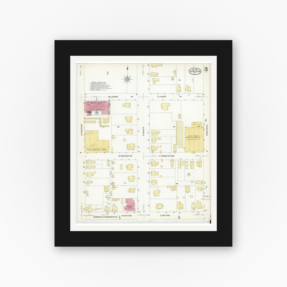 Old map wall art mockup — black gallery frame with white mat — Sanborn Fire Insurance Map from Kinston, Lenoir County, North Carolina (1908), Sheet #0003