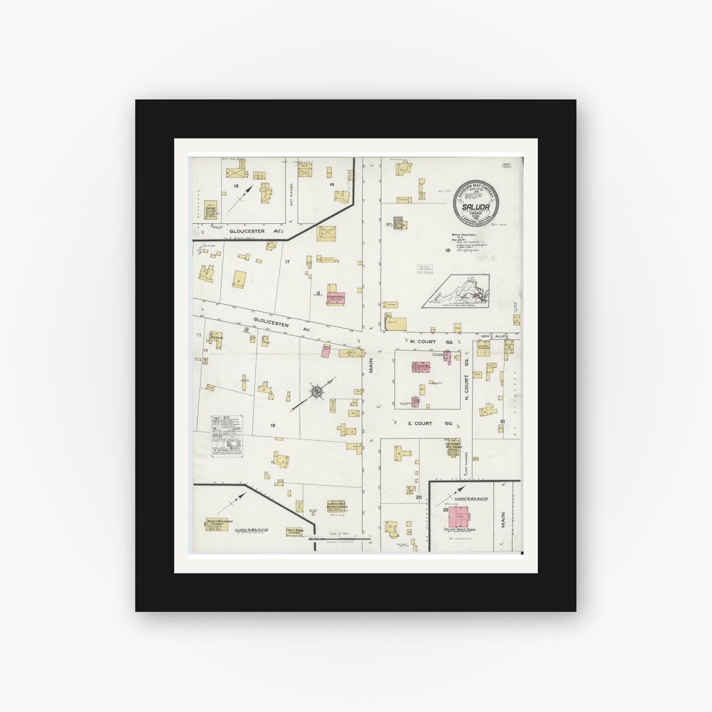 Old map wall art mockup — black gallery frame with white mat — Sanborn Fire Insurance Map from Saluda, Middlesex County, Virginia (1921), Sheet #0001