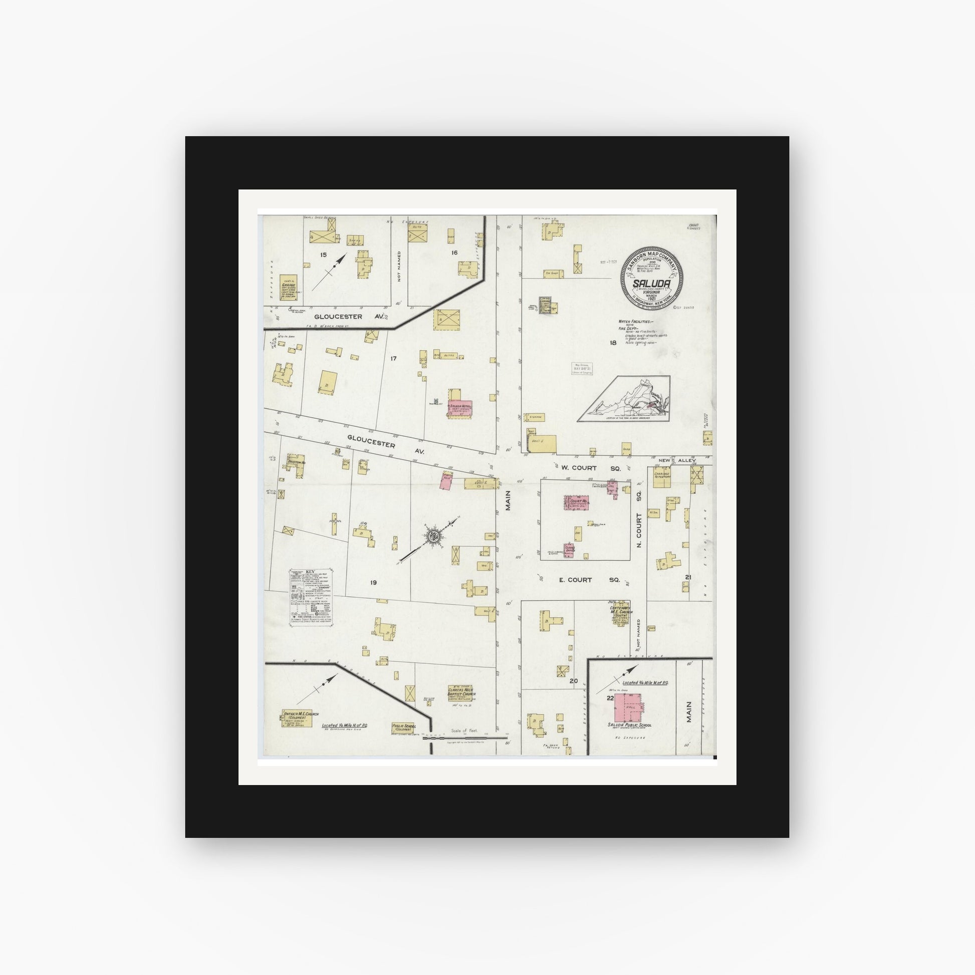 Old map wall art mockup — black gallery frame with white mat — Sanborn Fire Insurance Map from Saluda, Middlesex County, Virginia (1921), Sheet #0001