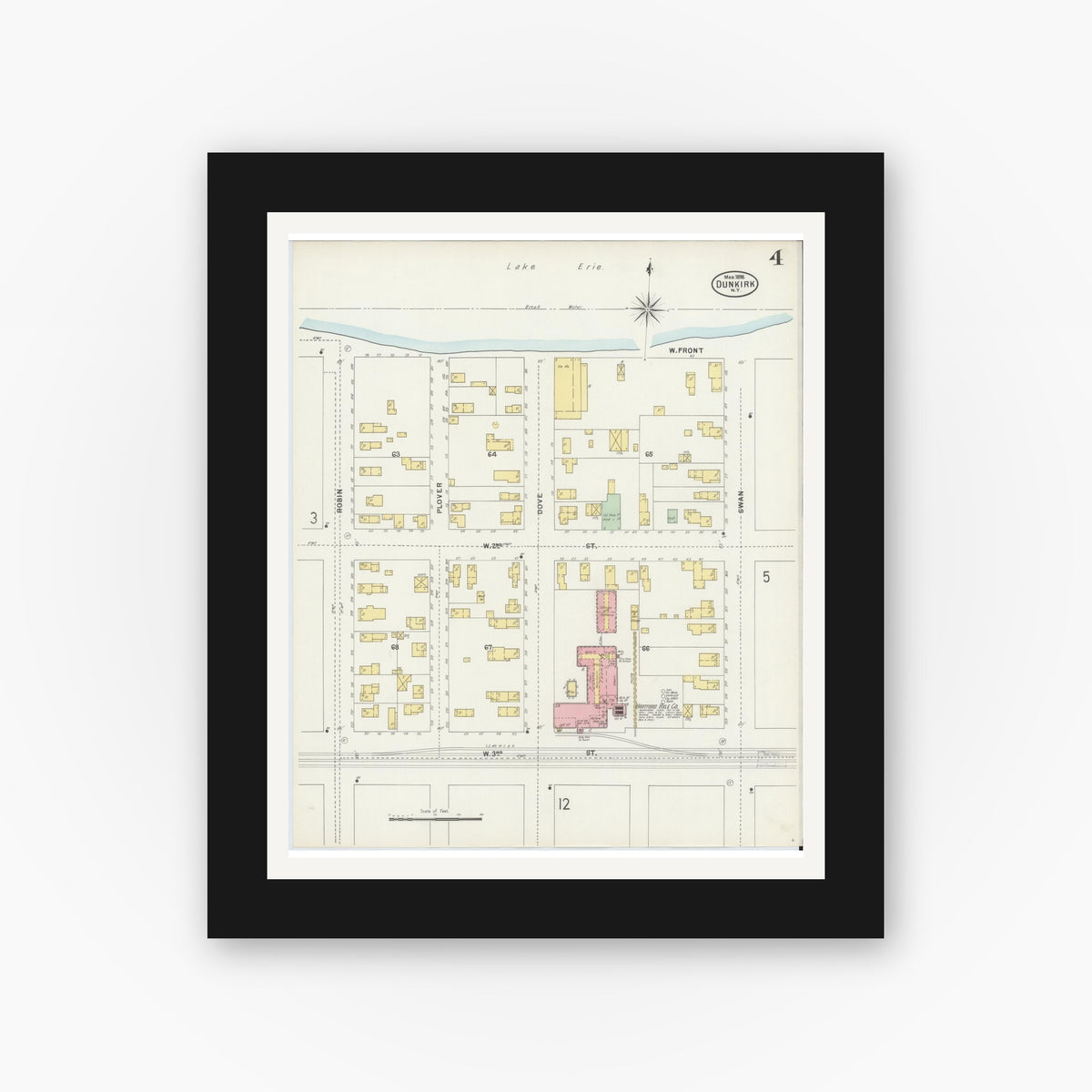 Old map wall art mockup — black gallery frame with white mat — Sanborn Fire Insurance Map from Dunkirk, Chautauqua County, New York (1898), Sheet #0004
