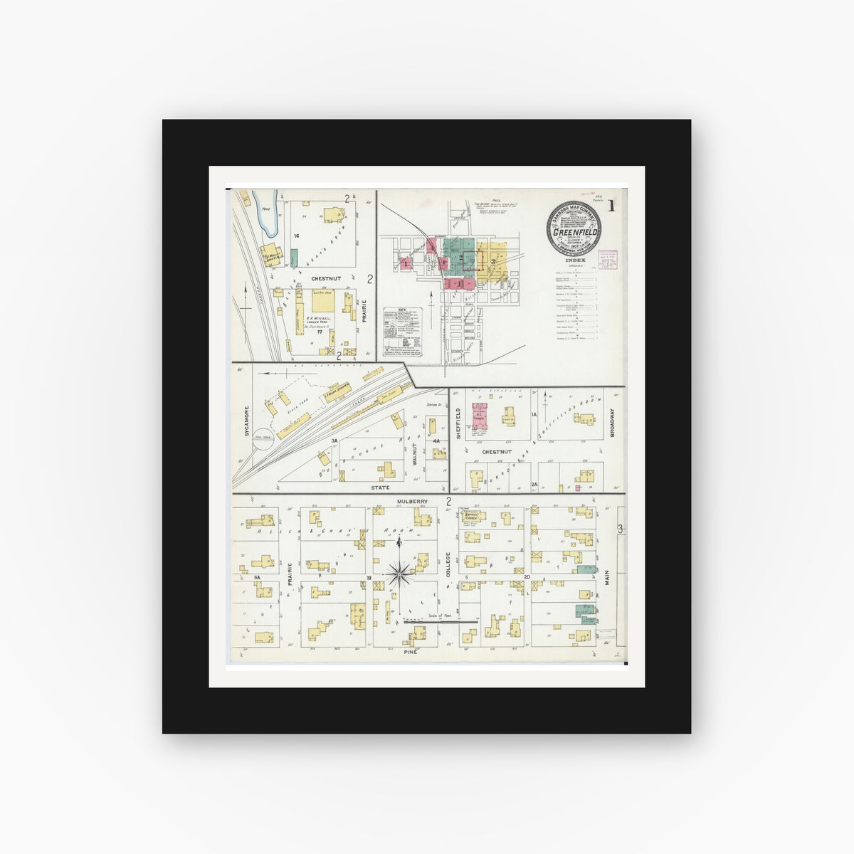Old map wall art mockup — black gallery frame with white mat — Sanborn Fire Insurance Map from Greenfield, Greene County, Illinois (1906) - Complete Map Set