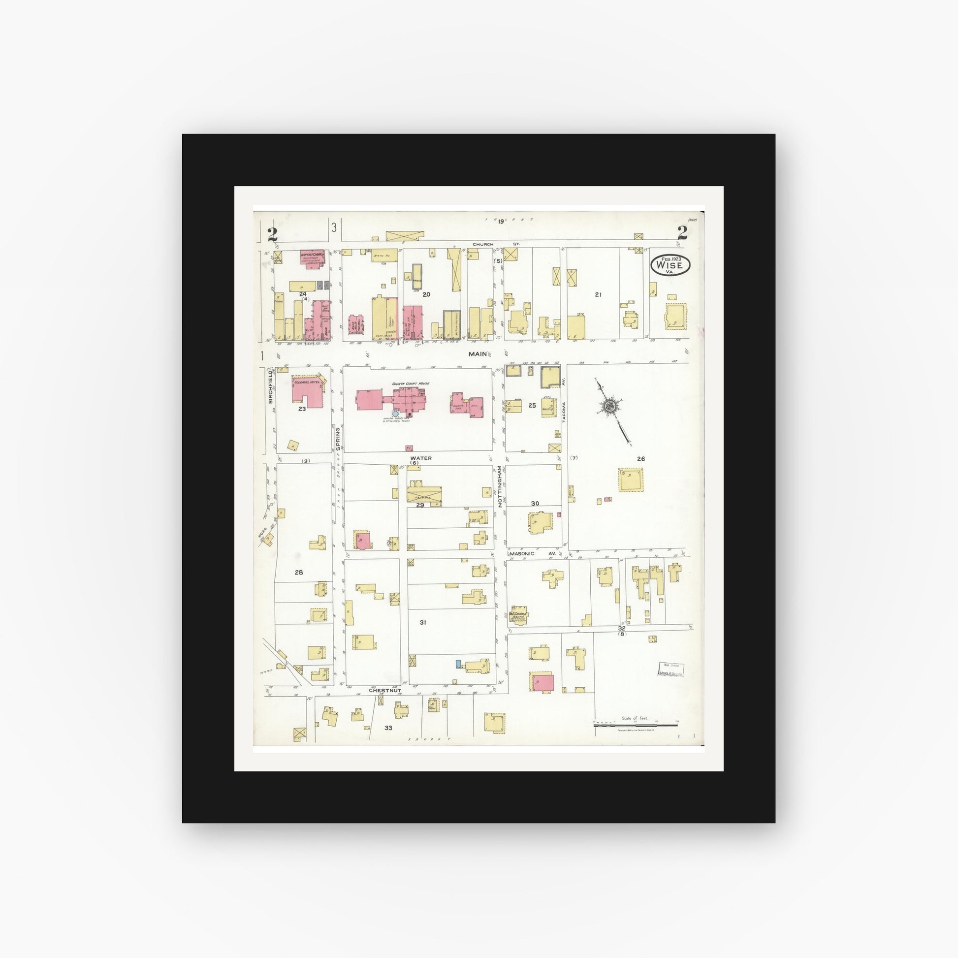 Old map wall art mockup — black gallery frame with white mat — Sanborn Fire Insurance Map from Wise, Wise County, Virginia (1923), Sheet #0002