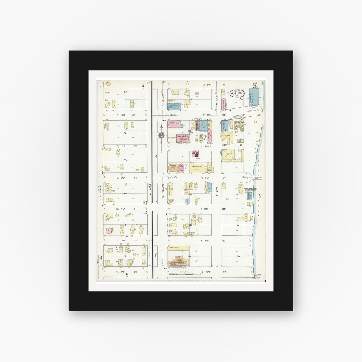 Old map wall art mockup — black gallery frame with white mat — Sanborn Fire Insurance Map from Auburn, De Kalb County, Indiana (1914), Sheet #0005