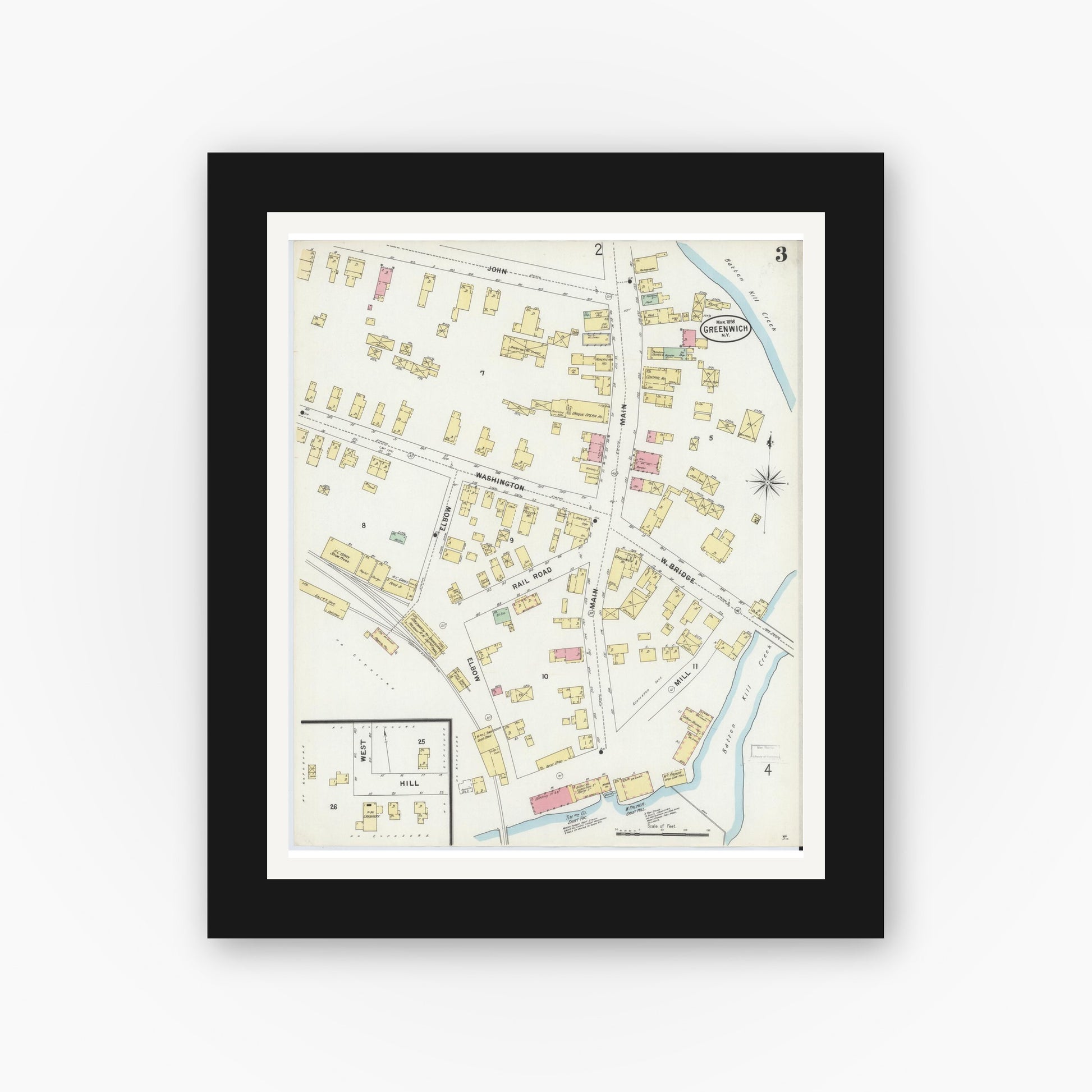 Old map wall art mockup — black gallery frame with white mat — Sanborn Fire Insurance Map from Greenwich, Washington County, New York (1898), Sheet #0003