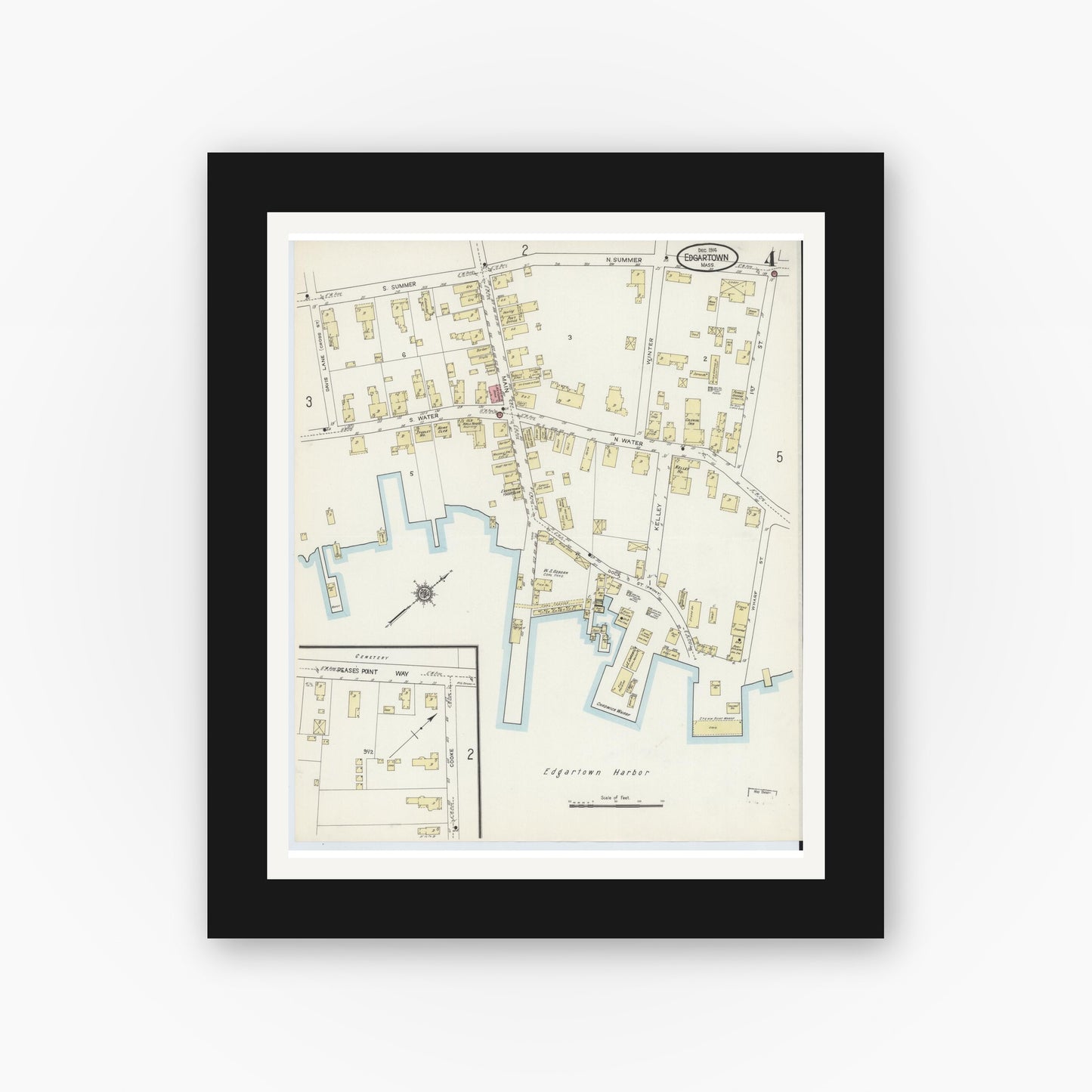 Old map wall art mockup — black gallery frame with white mat — Sanborn Fire Insurance Map from Edgartown, Dukes County, Massachusetts (1914), Sheet #0004