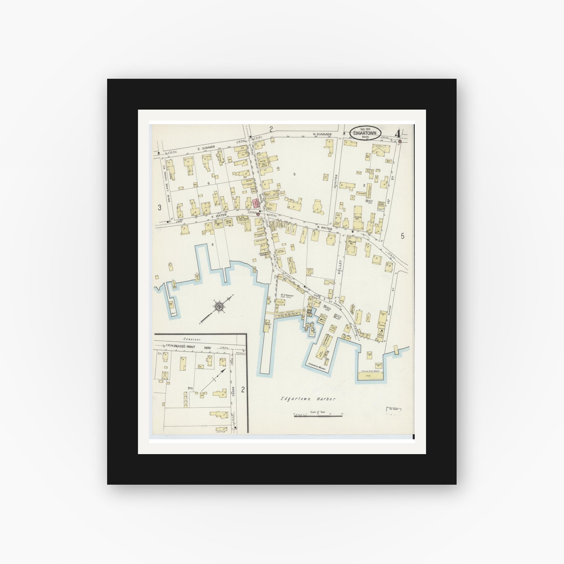 Old map wall art mockup — black gallery frame with white mat — Sanborn Fire Insurance Map from Edgartown, Dukes County, Massachusetts (1914), Sheet #0004