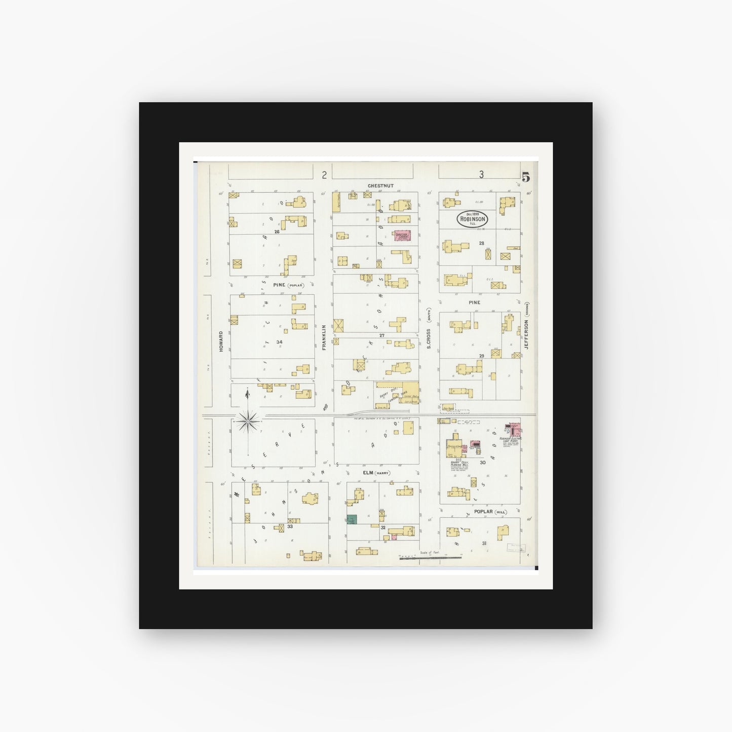 Old map wall art mockup — black gallery frame with white mat — Sanborn Fire Insurance Map from Robinson, Crawford County, Illinois (1899), Sheet #0005