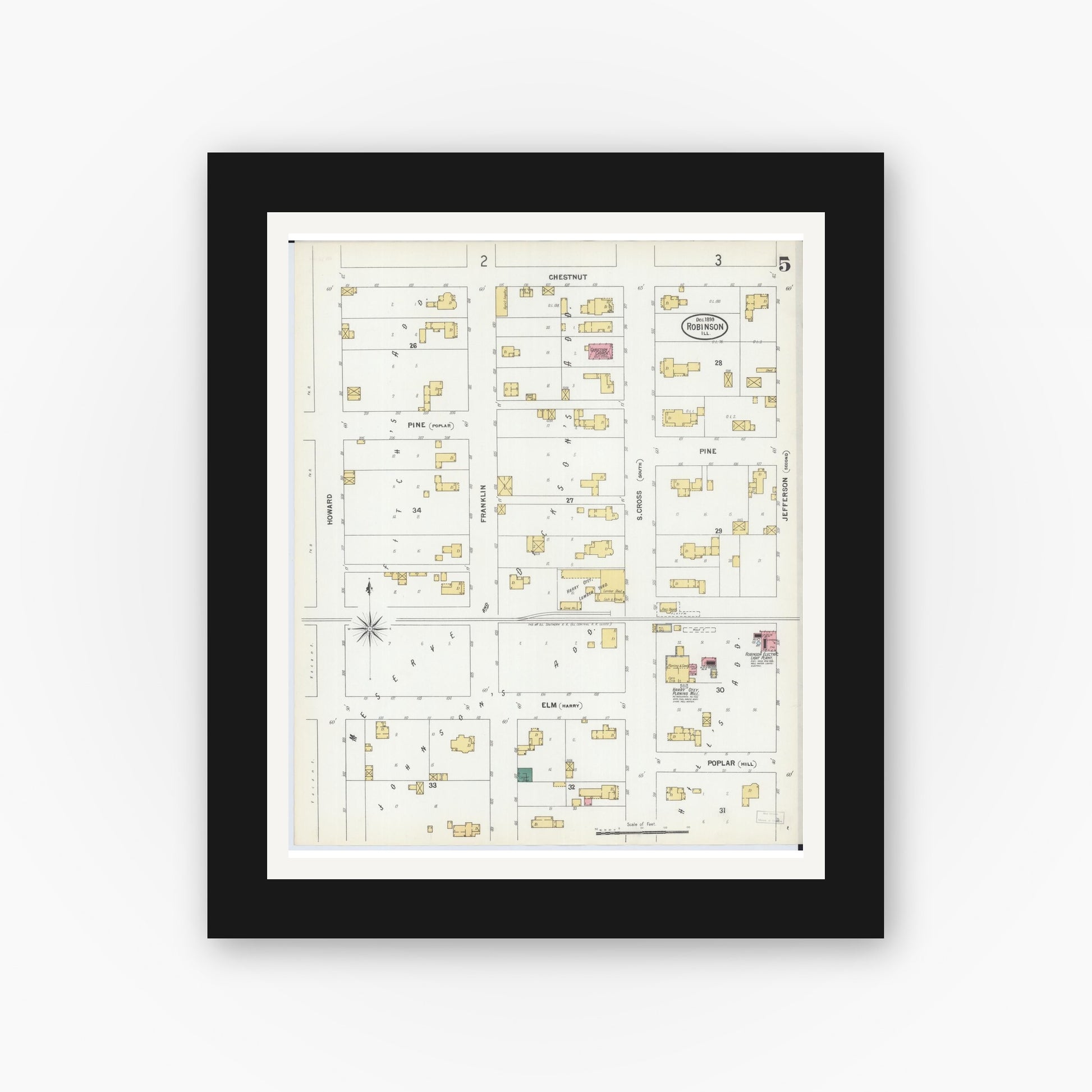 Old map wall art mockup — black gallery frame with white mat — Sanborn Fire Insurance Map from Robinson, Crawford County, Illinois (1899), Sheet #0005