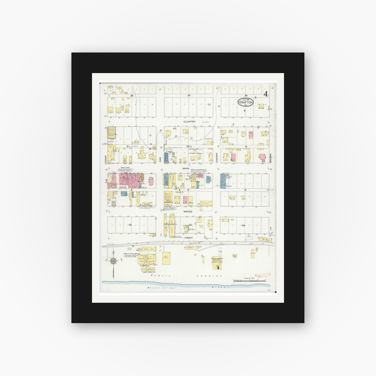 Old map wall art mockup — black gallery frame with white mat — Sanborn Fire Insurance Map from Grafton, Jersey County, Illinois (1914), Sheet #0004