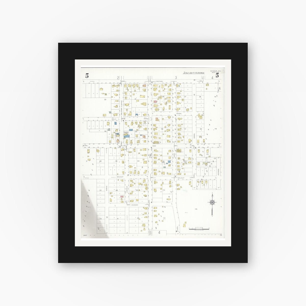 Old map wall art mockup — black gallery frame with white mat — Sanborn Fire Insurance Map from Seymour, Outagamie County, Wisconsin (1938), Sheet #0005