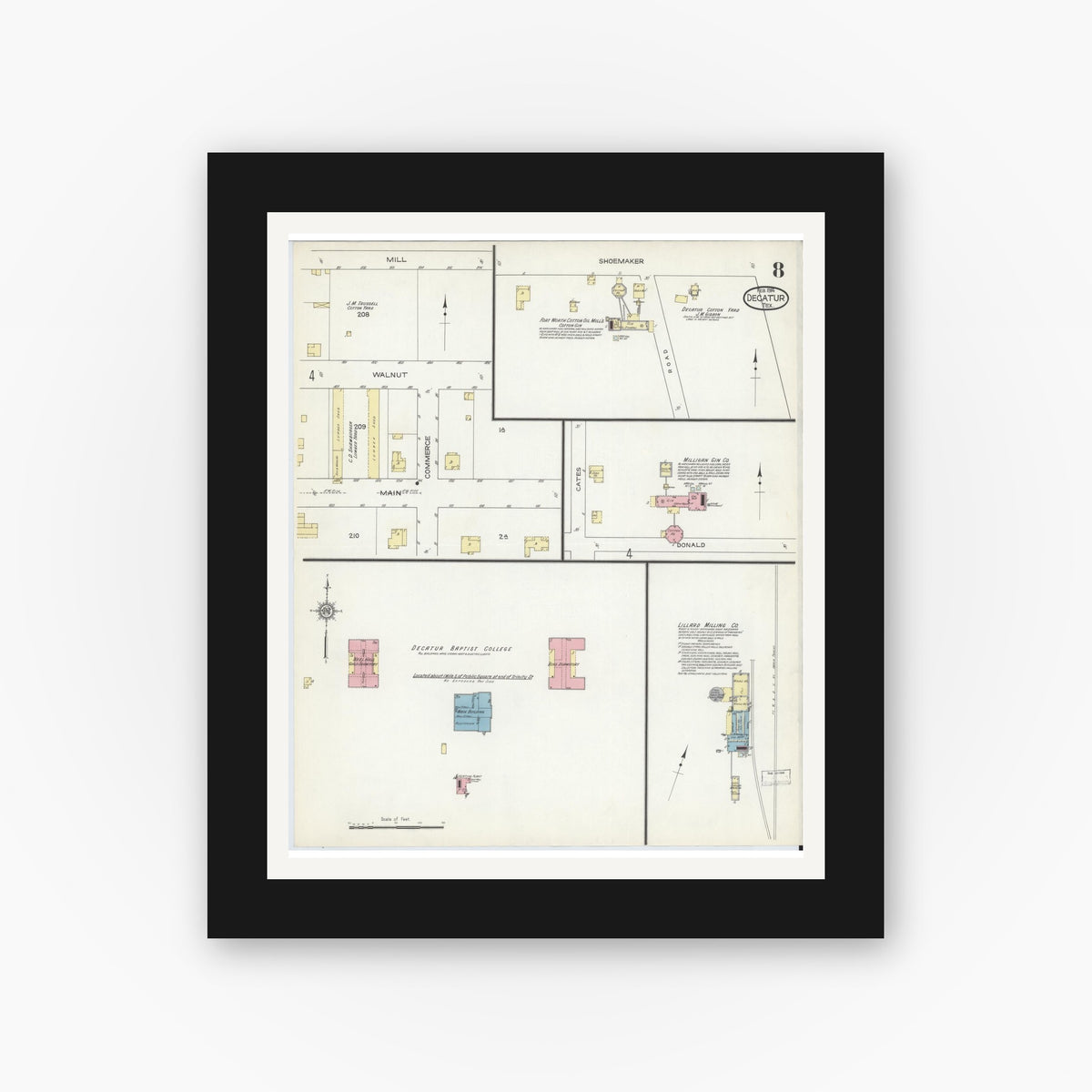 Old map wall art mockup — black gallery frame with white mat — Sanborn Fire Insurance Map from Decatur, Wise County, Texas (1914), Sheet #0008